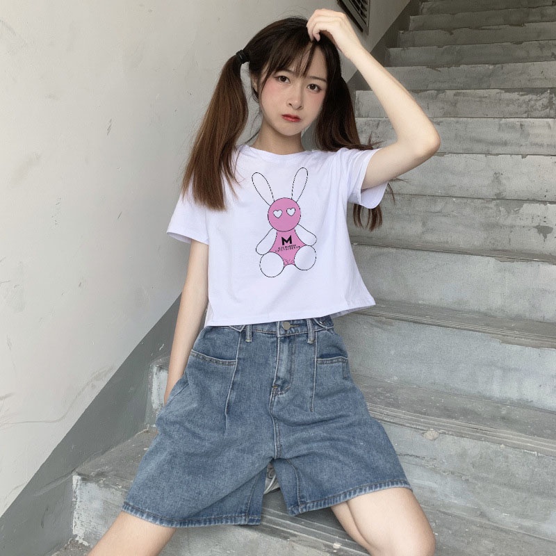 Áo Thun Crotop Form Rộng Unisex Tay Ngắn Chất Cotton Mềm Mại In Hình Thỏ M Ulzzang Style Hàn Quốc TTT0195