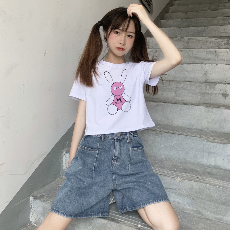 Áo Thun Crotop Form Rộng Unisex Tay Ngắn In Hình Thỏ M Ulzzang Style Hàn Quốc TTT0195