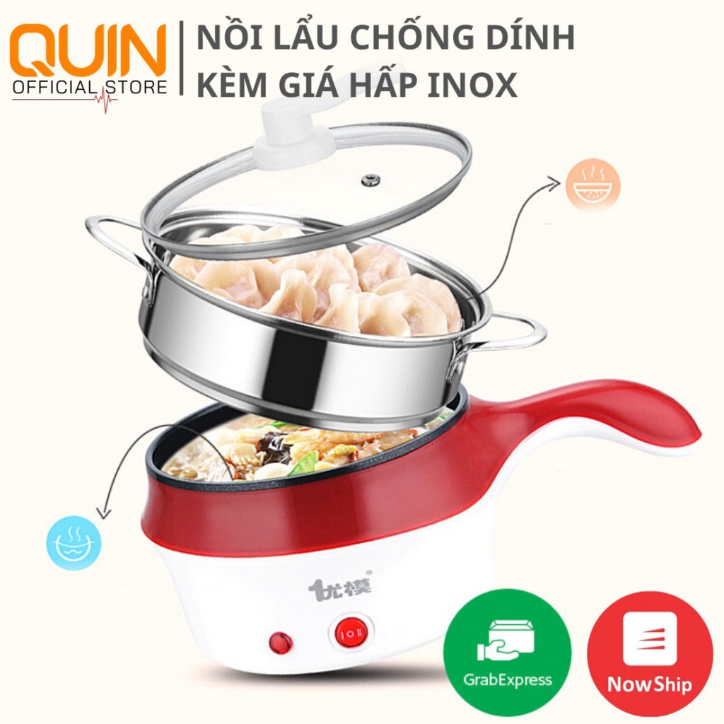 Nồi Lẩu Điện Mini CHỐNG DÍNH 2 Nấc Nhiệt, Ca Nấu Mì, Nồi Lẩu Siêu Tốc Kèm Giá Hấp -BẢO HÀNH 12 THÁNG