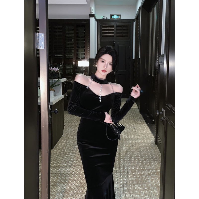 Đầm Nhung Đen Cao Cấp Phong Cách Hepburn Sang Trọng