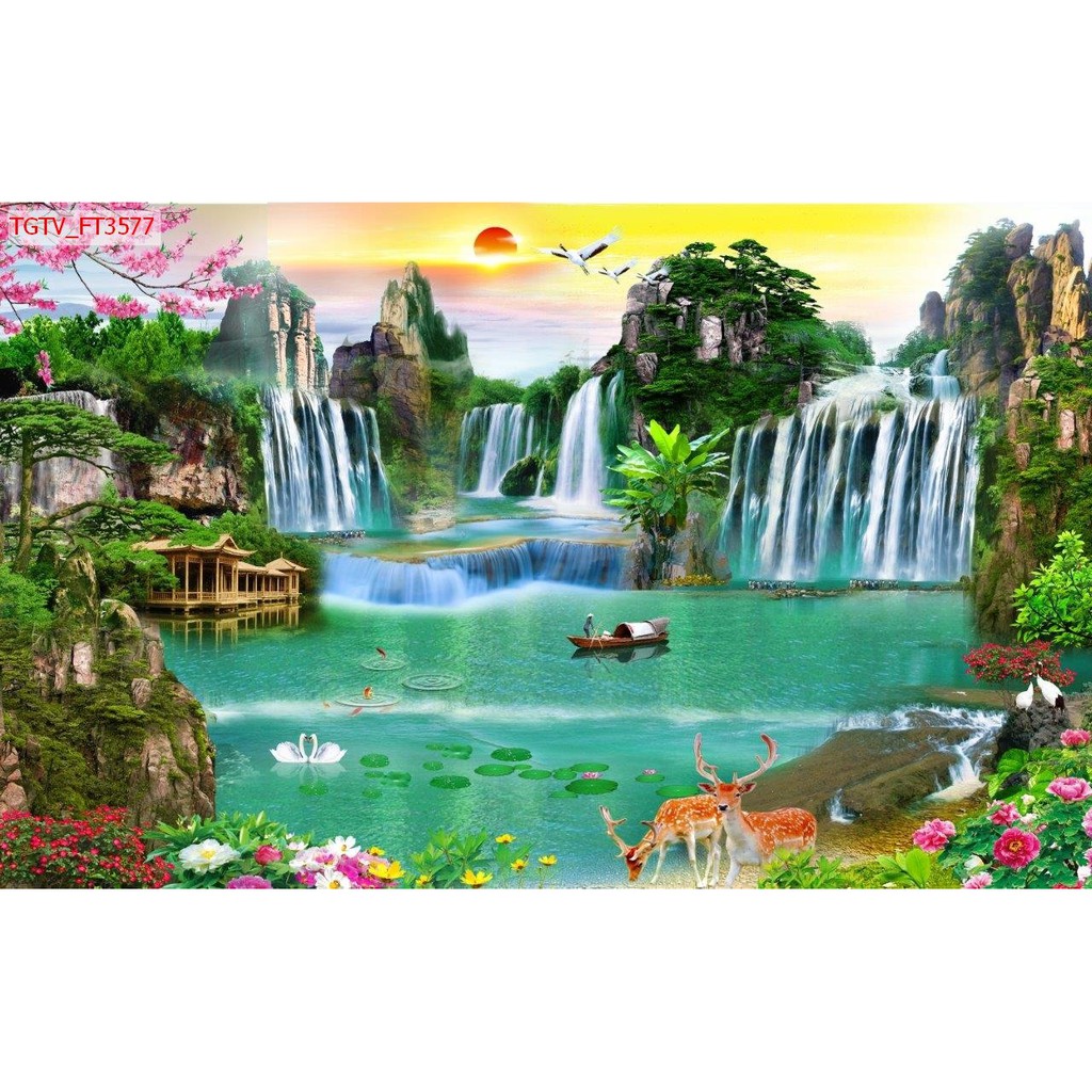 Tranh Dán Tường 3 , Phong Cảnh Thác Nước Thiên Nhiên Đẹp , Só Sẵn Keo , Hình Ảnh Sống Động