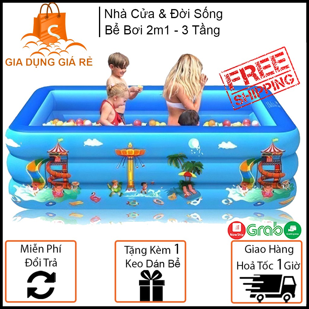 [3 Lớp Siêu Dày]  Bể Bơi Phao 2M1 ( 210x135xCao55Cm ) 3 Tầng Cho Bé, Hàng Loại 1 Có Đáy Chống Trượt, An Toàn Khi Sử Dụng