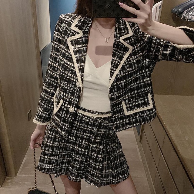 Set áo khoác dạ cổ vest vs chân váy dạ xoè dáng ngắn