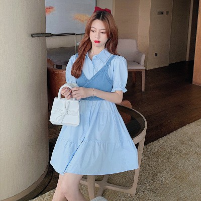 Váy nữ Set đầm sơ mi tay bo phồng + áo yếm denim duyên dáng dành cho phái đẹp 2020 có bán lẻ Váy