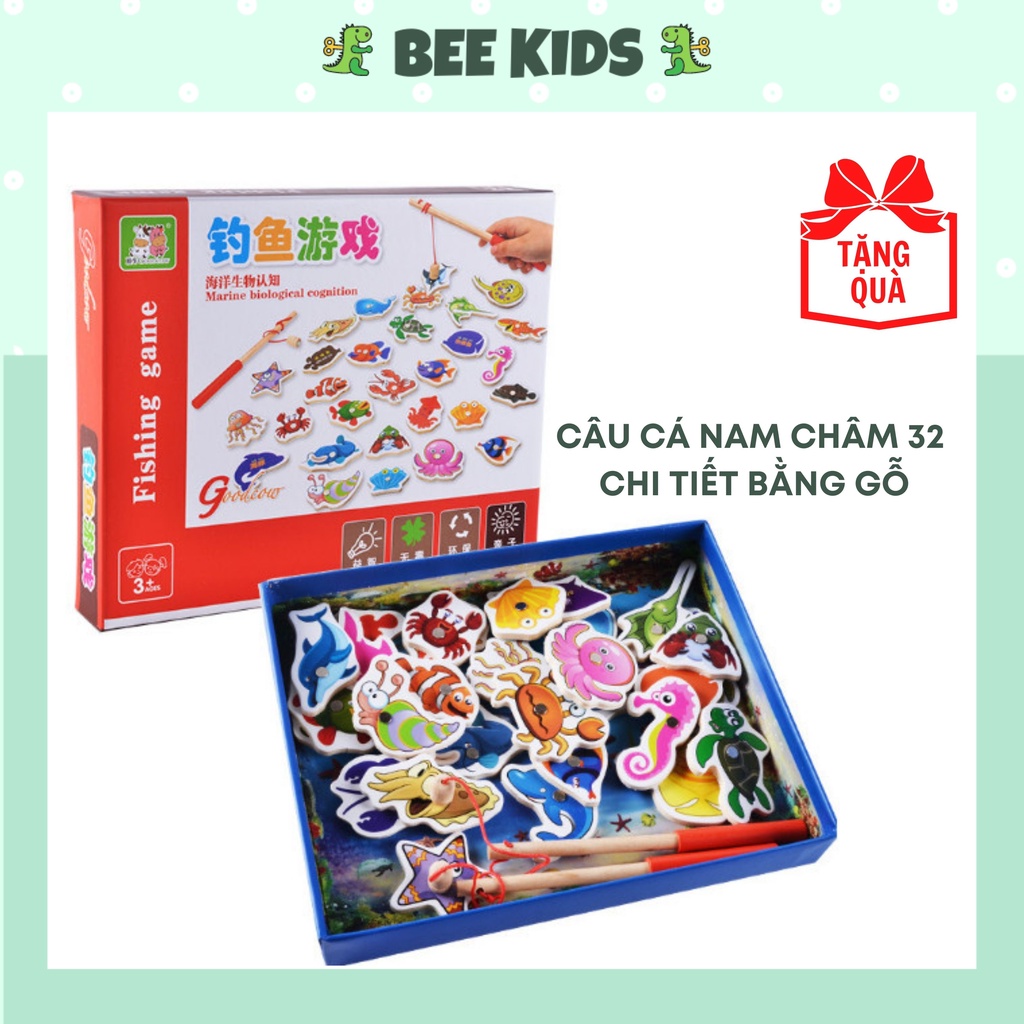 Đồ Chơi Giải Trí Hộp Câu Cá Nam Châm 3D Bằng Gỗ 32 Con và 2 Cần Câu Cho Bé