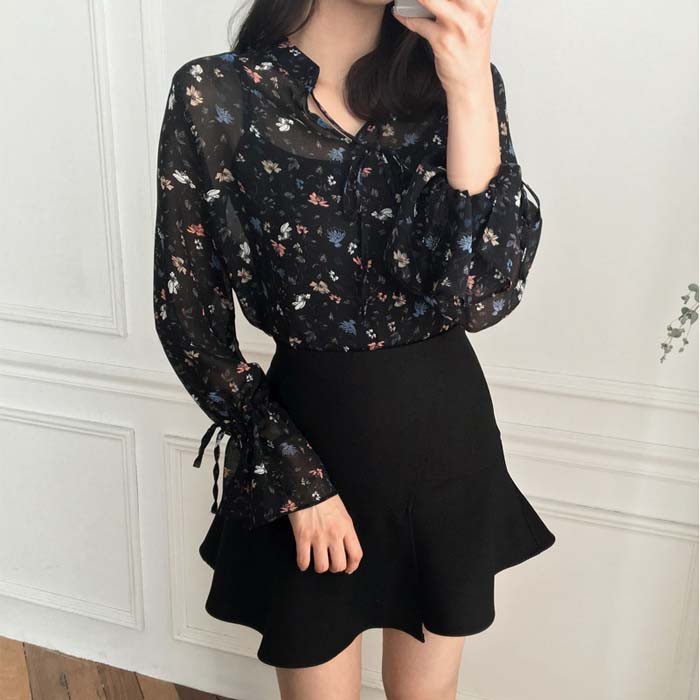 áo kiểu sơ mi hoa nhí voan tay loe thắt nơ ORDER - kèm ảnh thật