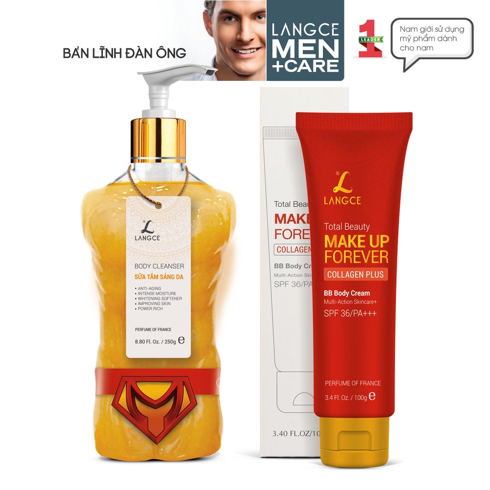 Bộ Gel Tắm Vàng 24K Sáng Da 250g + Kem Trang Điểm Trắng Da Toàn Thân Chống Nắng 100g BS LANGCE dành cho Nam