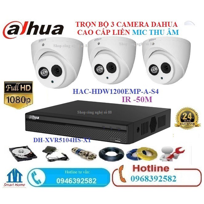 Trọn bộ 3 camera Dahua cao cấp Full HD  liền mic thu âm+Full phụ kiện lắp đặt tại nhà