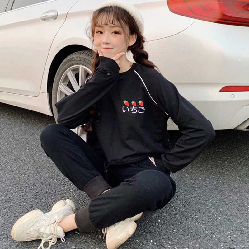 Áo thun tay dài cổ tròn dáng rộng hoạ tiết thêu cho phái nữ