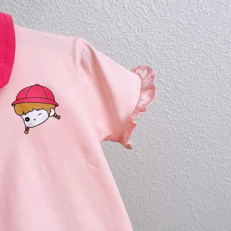 Áo Thun polo Cotton Tay Ngắn Cổ Bẻ Phối Ren Họa Tiết Hoạt Hình Phong Cách Hàn Nhật Thời Trang Cho Bé Gái