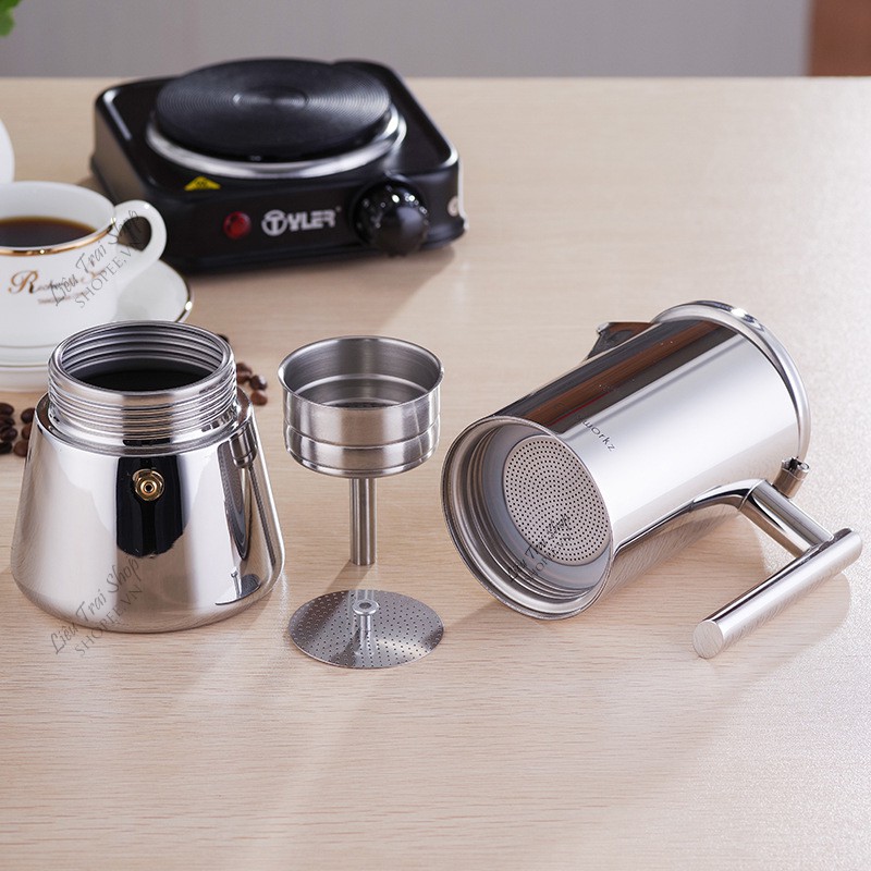 Ấm Moka pot đun bếp từ inox 4cup pha cà phê cafe espresso phong cách Ý