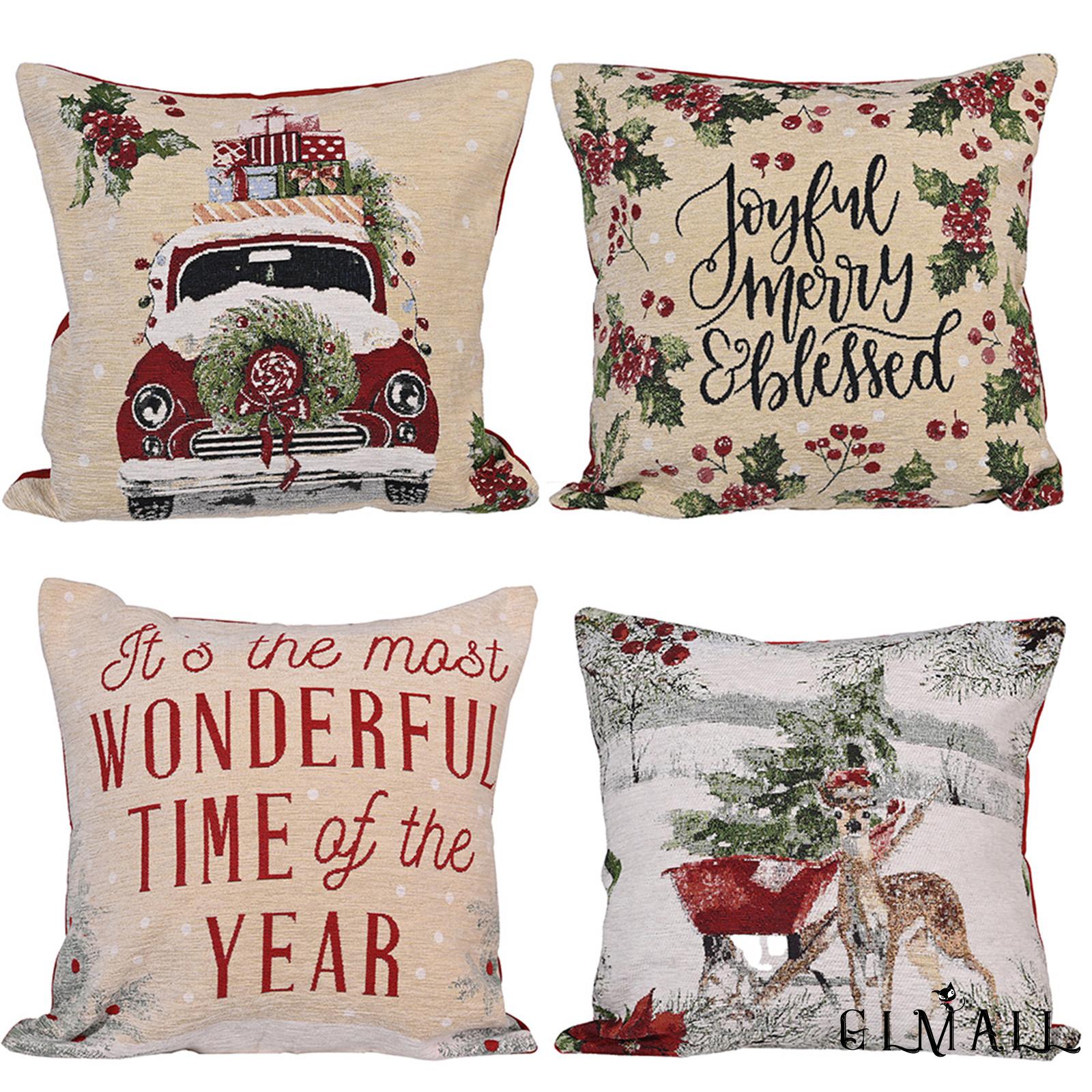 GML-Christmas Pillow Covers, Farmhouse Reindeer Truck Red Berries Letter Print Throw Cushion Covers for Sofa, Couch, Bed