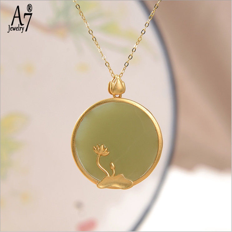 Dây Chuyền Mặt Tròn Hình Hoa Sen Đính Ngọc Bích Phong Cách Trung Hoa Cổ Điển S925