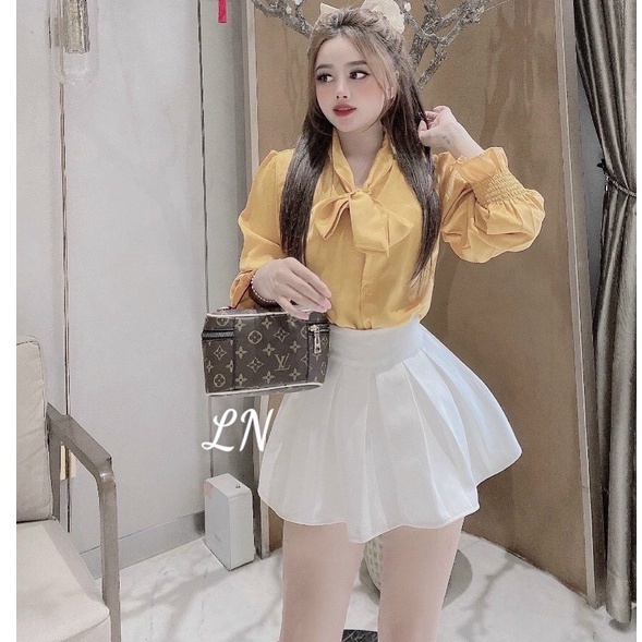 Áo sơ mi lụa công sở cổ nơ tay chun nhiều màu