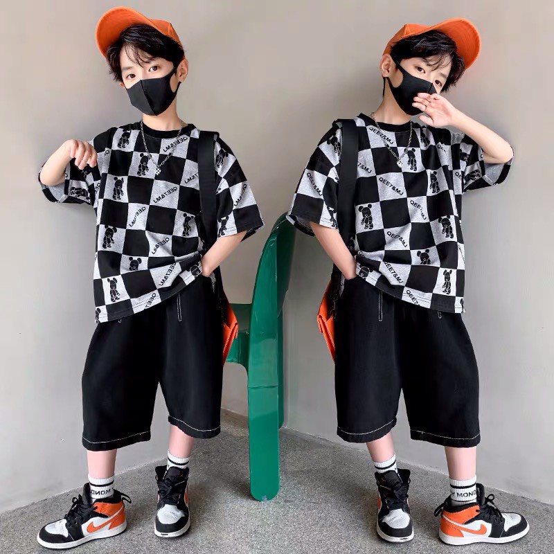 Đồ bộ bé trai Con Xinh cotton hình in Gấu ô vuông, quần áo dành cho trẻ em từ 14 đến 50kg