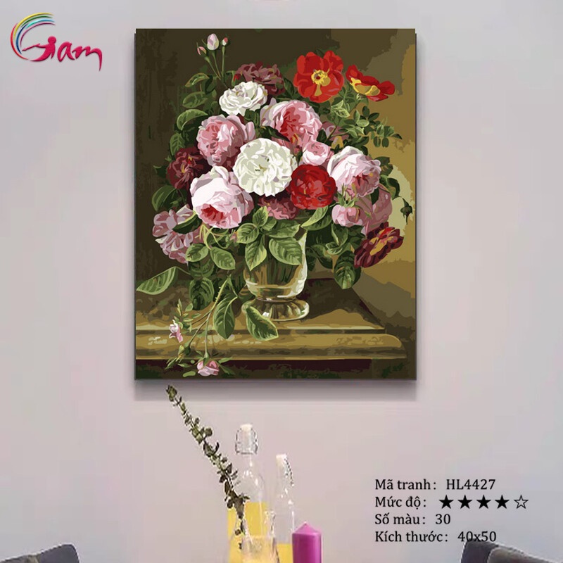 Tranh tô màu theo số bình hoa cổ GAM căng khung 40x50cm dày 2.5cm HL4427