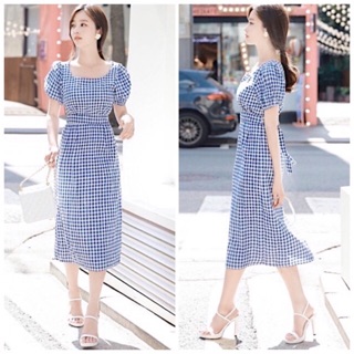Đầm váy caro xanh cổ vuông (kèm hình thật)