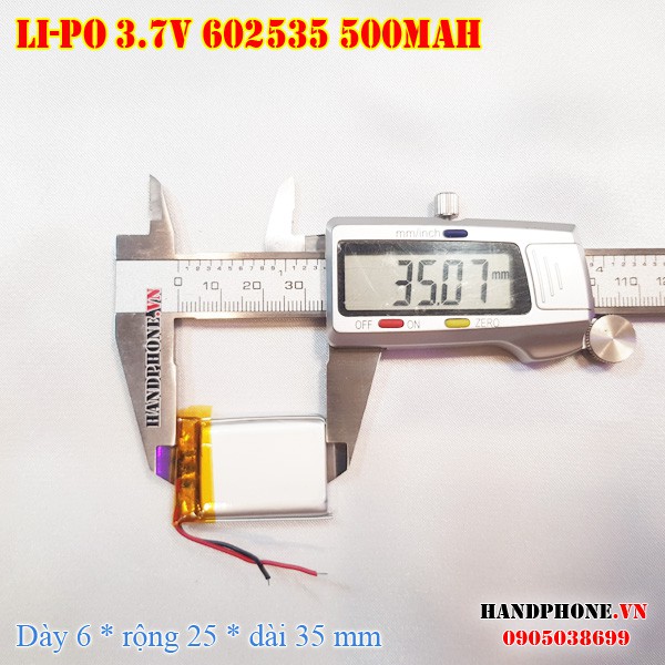 Pin Li-Po 3.7V 500mAh 602535 (Lithium Polymer) cho loa Bluetooth, smartwatch, định vị GPS, máy ghi âm, camera hành trình