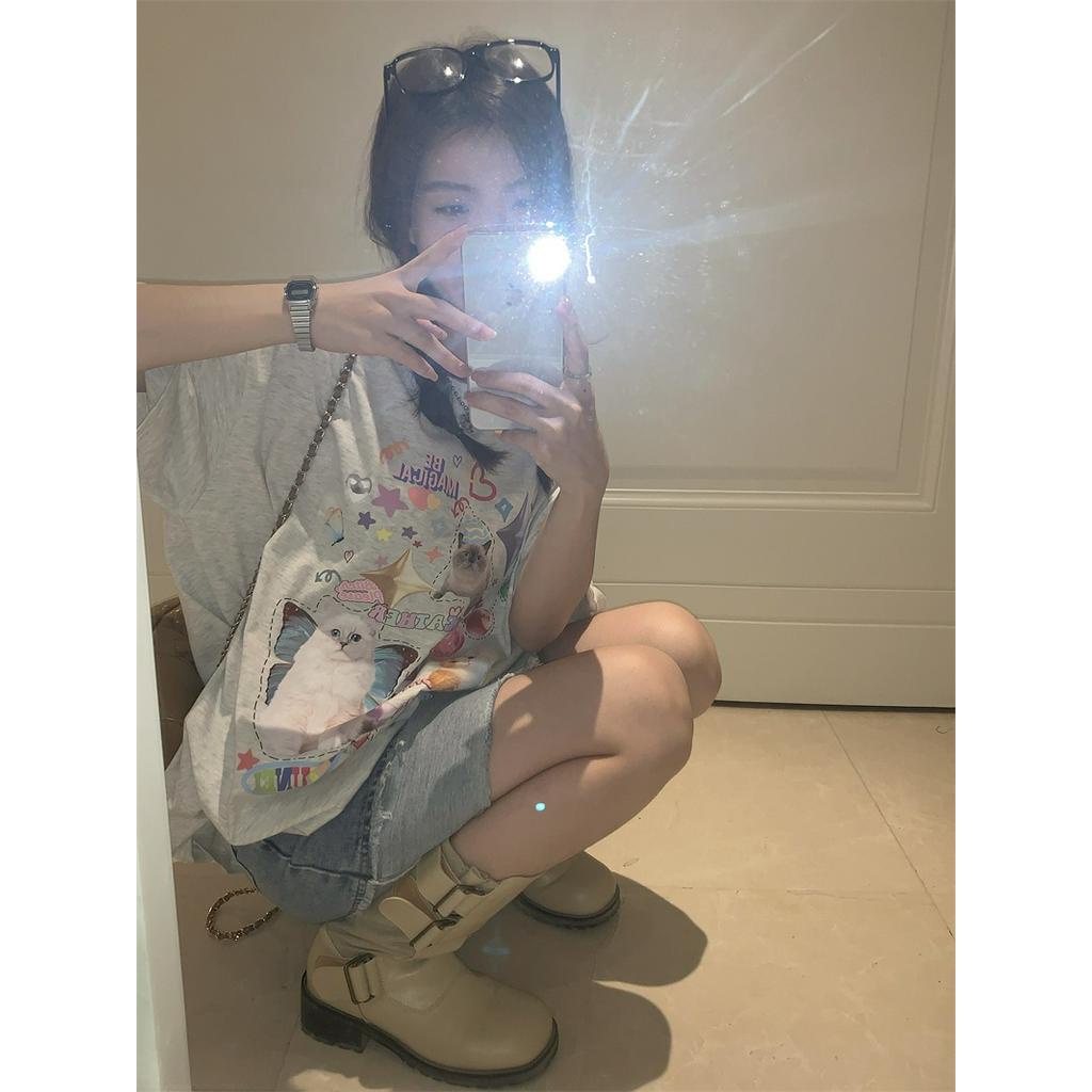 Áo Thun Cotton Dáng Rộng Ngắn Tay In Hình Mèo Dễ Thương Phong Cách Mới 62885