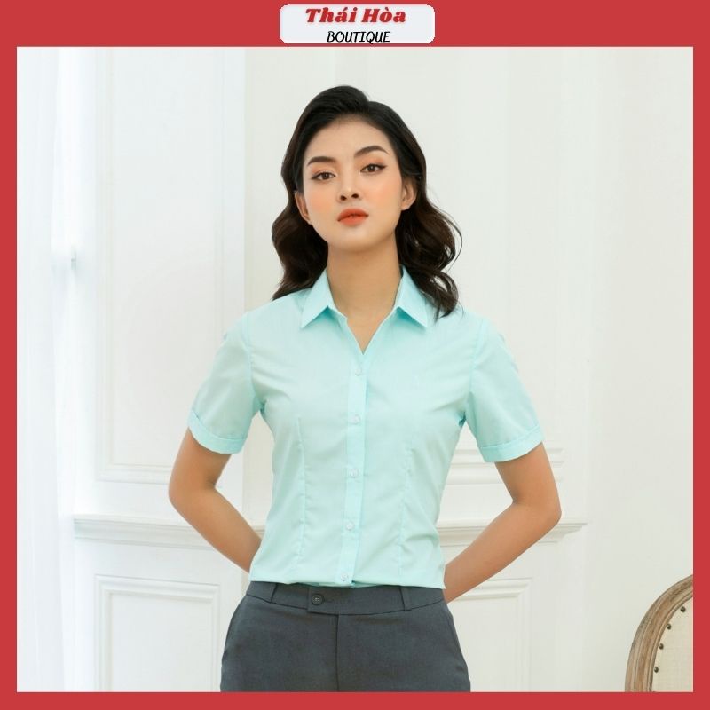 Áo sơ mi nữ tay ngắn công sở bigsize đẹp kiểu màu xanh cotton Thái Hoà N047-04-01