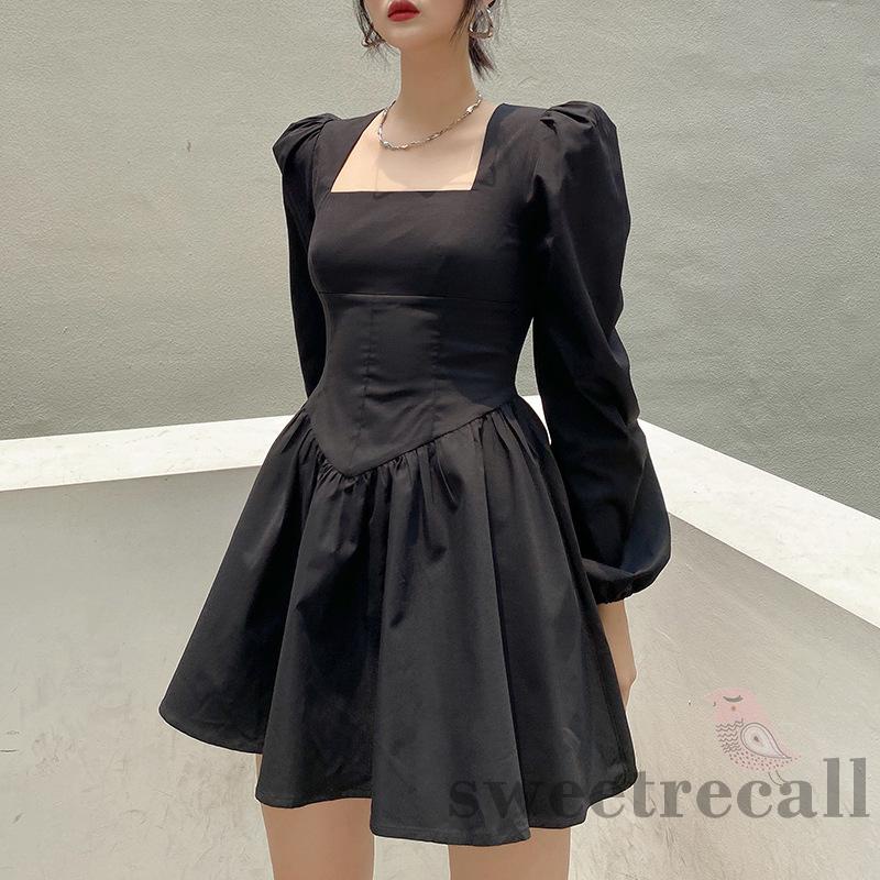 Đầm chữ A tay phồng dài màu sắc trơn quyến rũ cho nữ