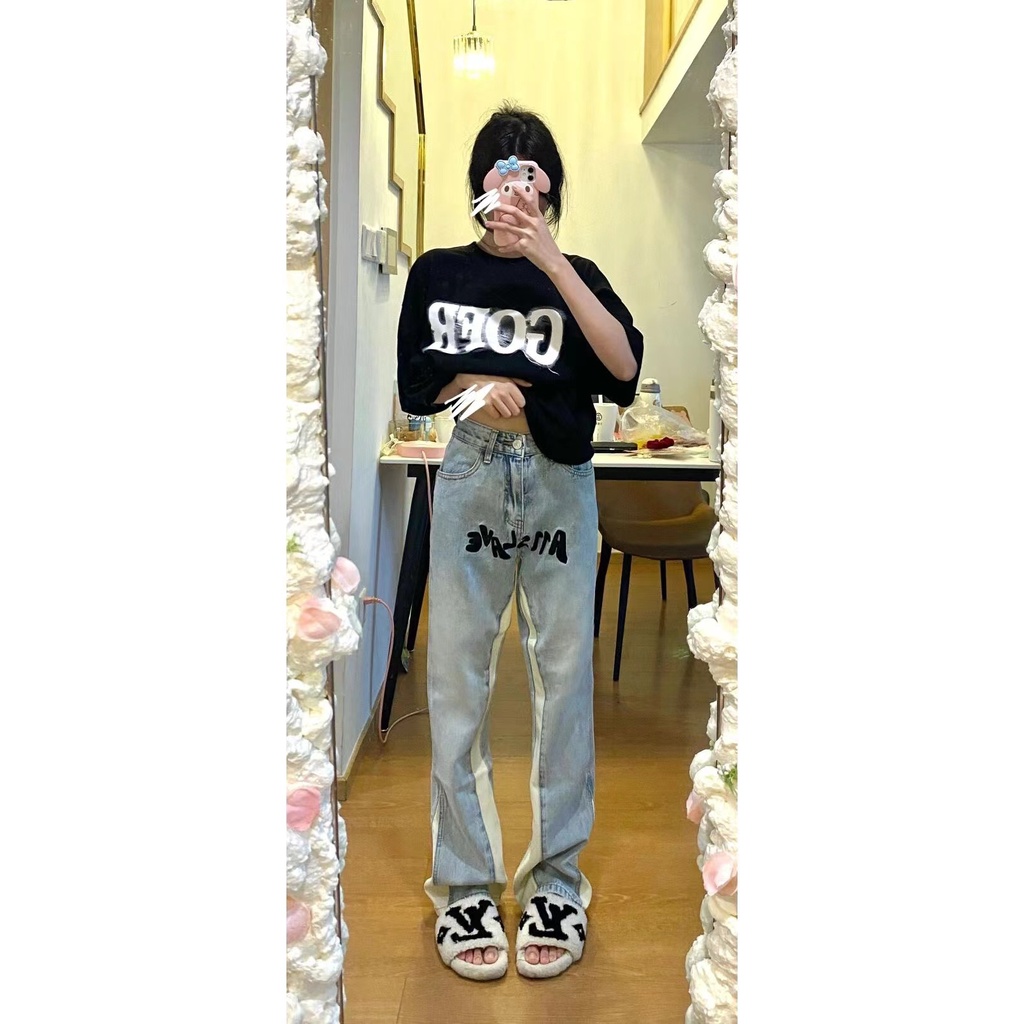 Quần Jean Nữ Ống Rộng Lưng Cao In Họa Tiết Phong Cách retro Mỹ