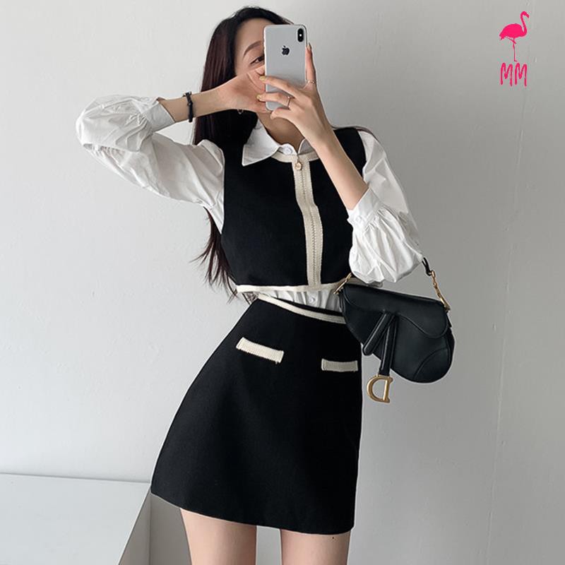 Set Áo Sơ Mi Phối Ghi Lê + Chân Váy Lưng Cao Thời Trang Hàn Cho Nữ | BigBuy360 - bigbuy360.vn