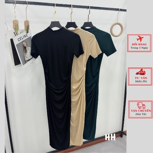 Đầm body nữ dáng dài nhún sườn ngắn tay cổ lọ kiểu tôn dáng phong cách cá tính thời trang yolo fashion