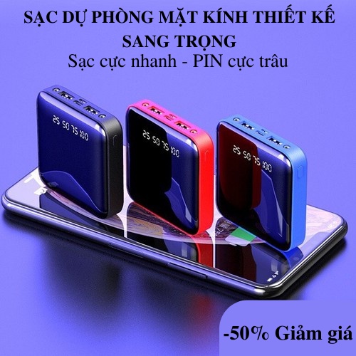 Sạc dự phòng 20000mAh mặt kính PIN dự phòng không dây Mini 2 đèn pin và hiển thị % Pin Thiết Kế Sang Trọng SẠC CỰC NHANH