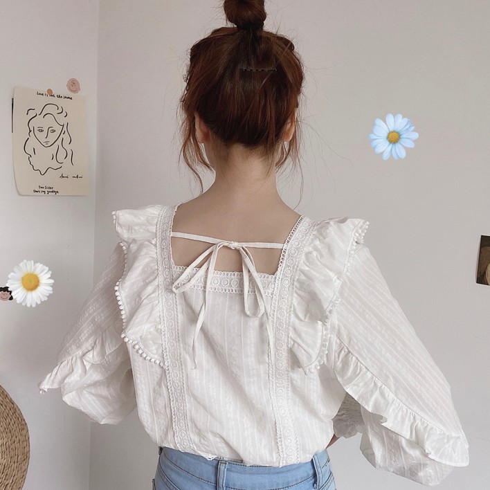 [SALE] Áo Kiểu Cổ Vuông Ren Tay Túm Bèo Ngực Cực Xinh Freesize - A.119 | BigBuy360 - bigbuy360.vn