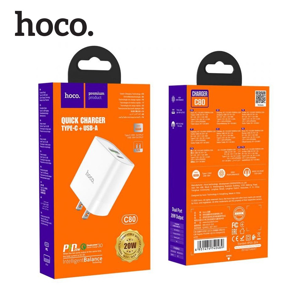 Củ sạc PD 20W Hoco C80 2 cổng ( USB + Type-C ) sạc nhanh tối đa 3A, Q.C 3.0, tương thích nhiều thiết bị, tiện lợi ( US )