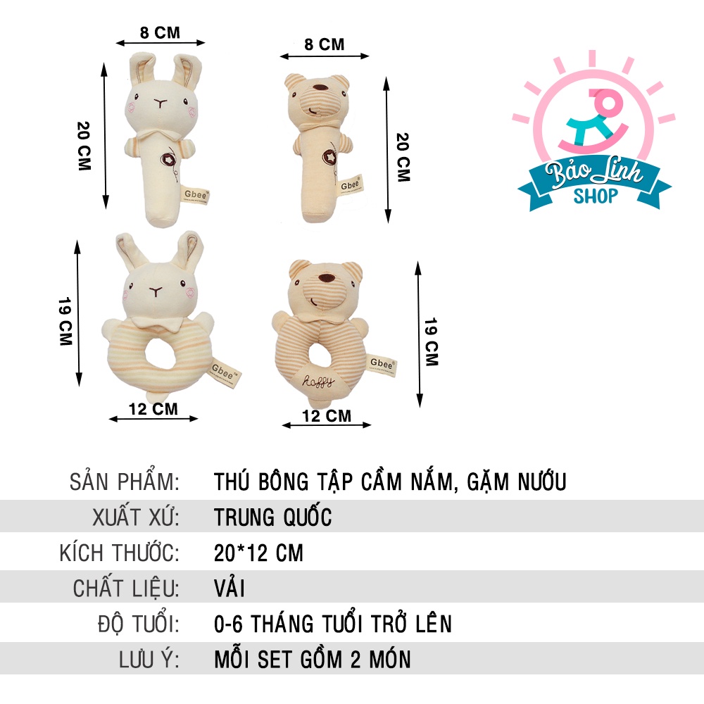 Đồ chơi cho bé sơ sinh - Thú bông tập cầm nắm, gặm nướu (Lục lạc bông) giảm ngứa lợi - SET 2 món