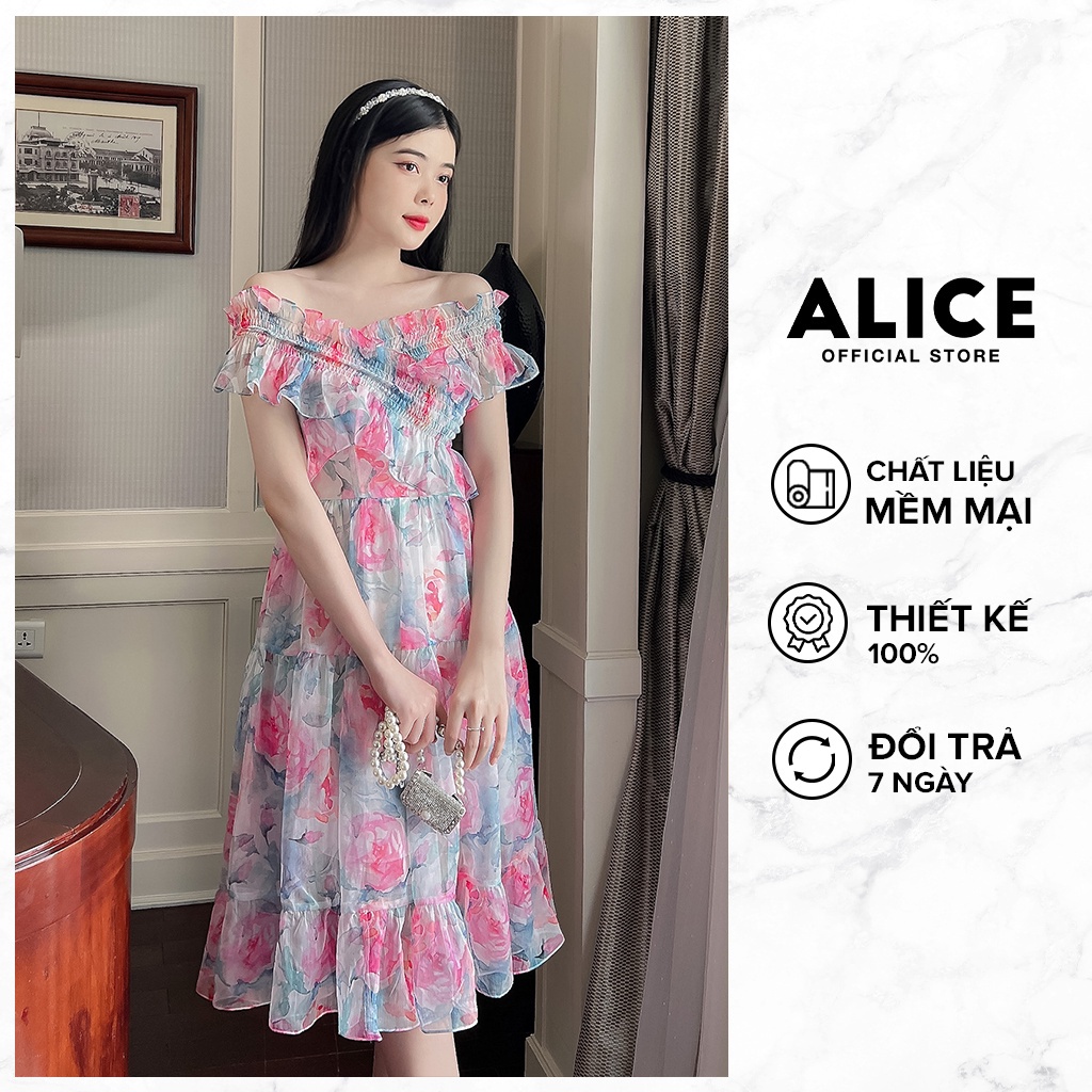 Váy Hoa Trễ Vai Dáng Xòe ALICE Chất Vải Tơ Óng Lót Lụa Thoáng Mát Kiểu Dáng Thanh Lịch Quyến Rũ V813