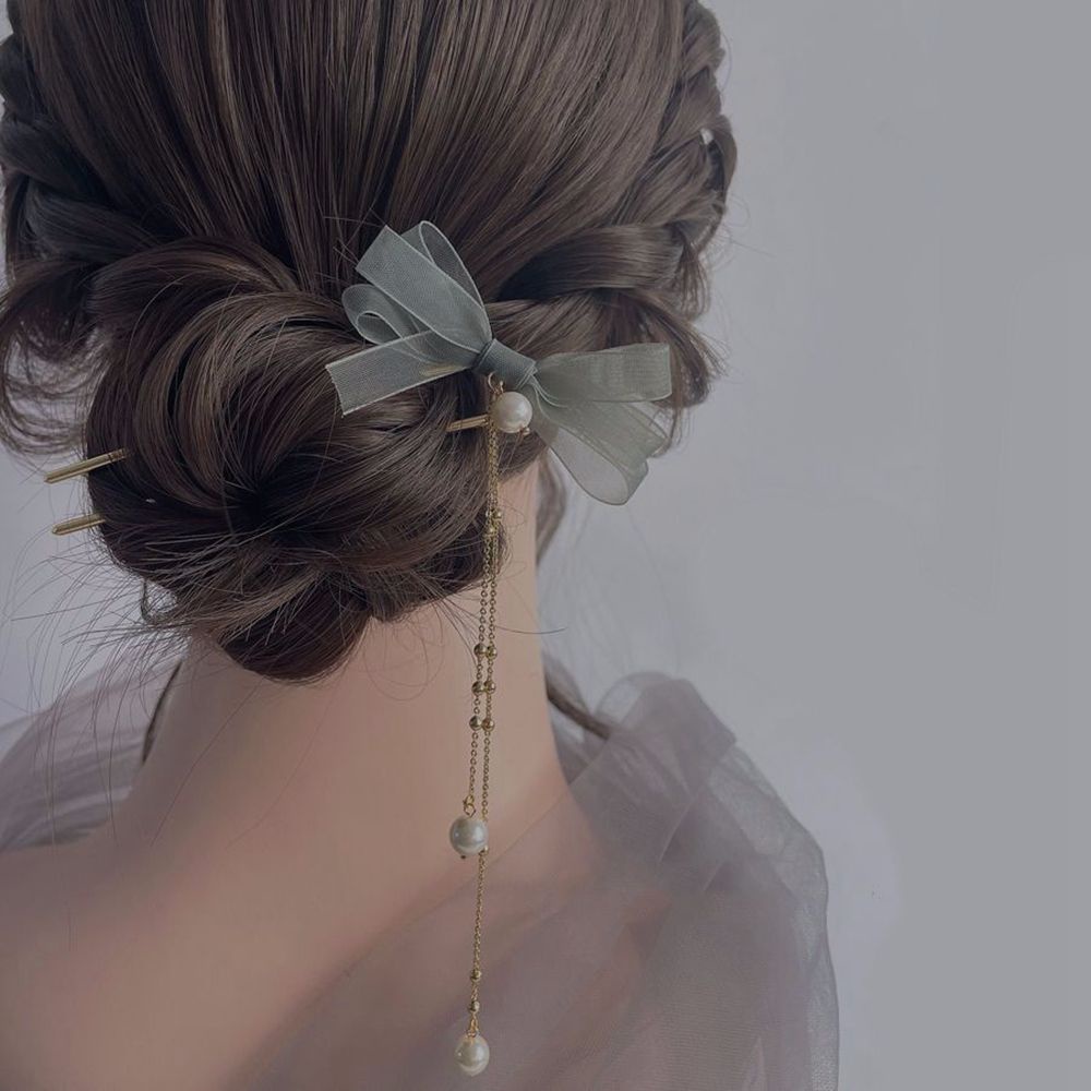 Trâm cài tóc hình chữ U hợp kim mặt nơ lưới đính tua rua ngọc trai nhân tạo phong cách Hàn Quốc vintage cổ điển cho nữ