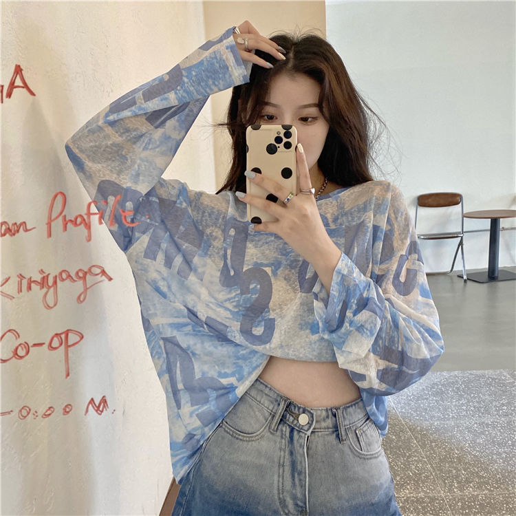 Áo thun tay dài dáng rộng chống nắng phối màu nhuộm cá tính cho nữ