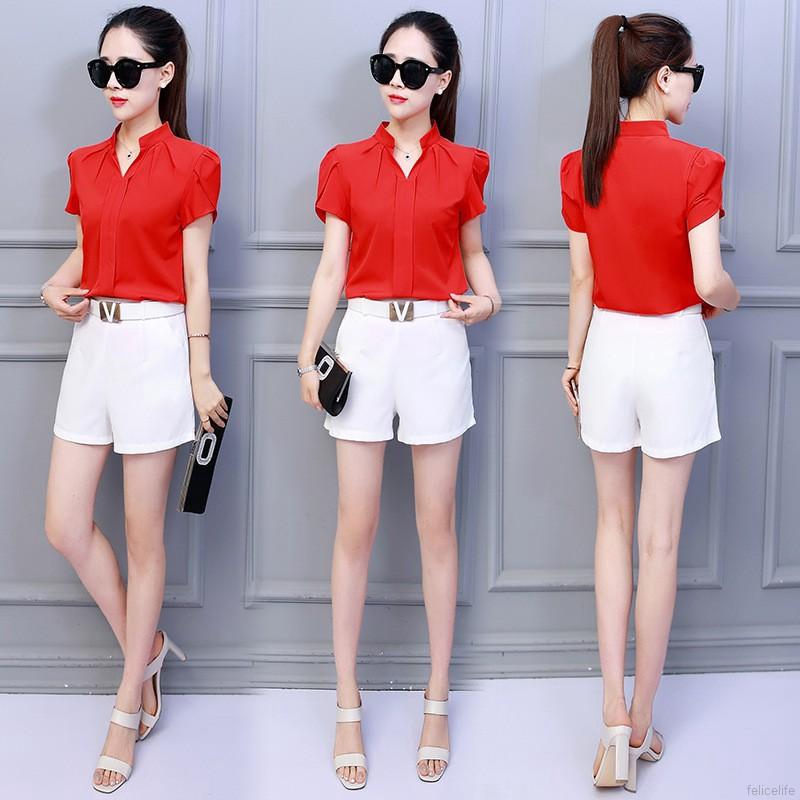 Áo nữ ngắn tay cổ chữ V màu trơn phong cách Hàn