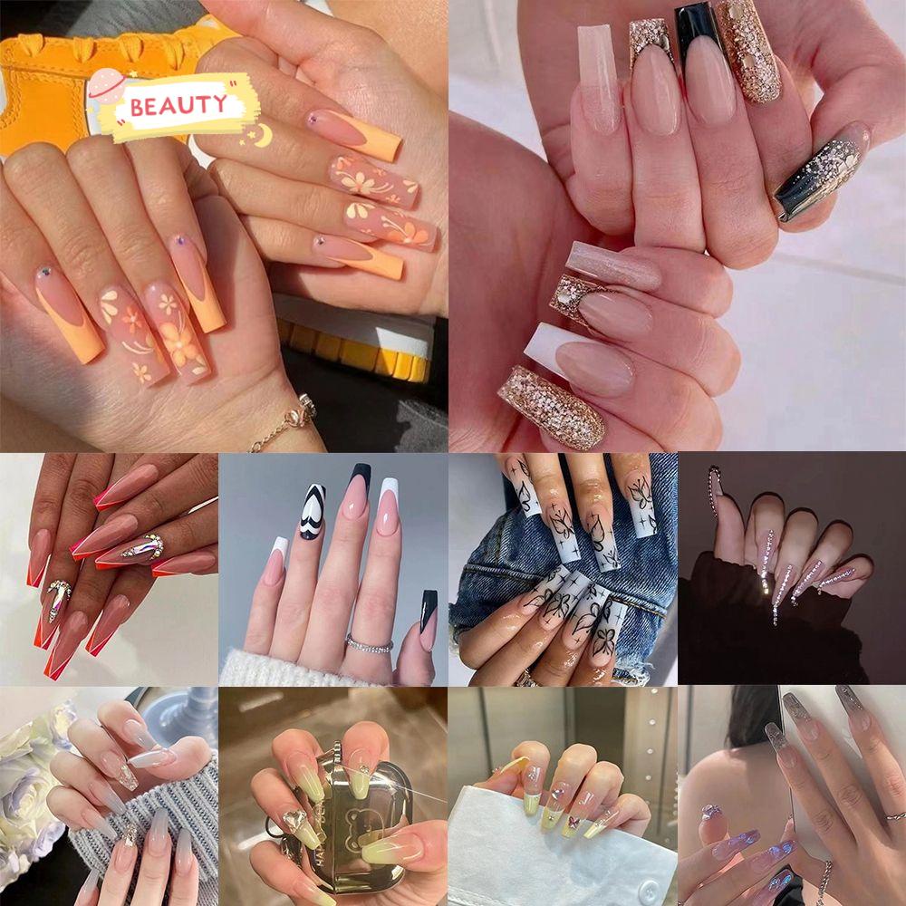 Bộ 24 Móng Tay Giả Trang Trí Che Phủ Toàn Diện Kiểu Pháp