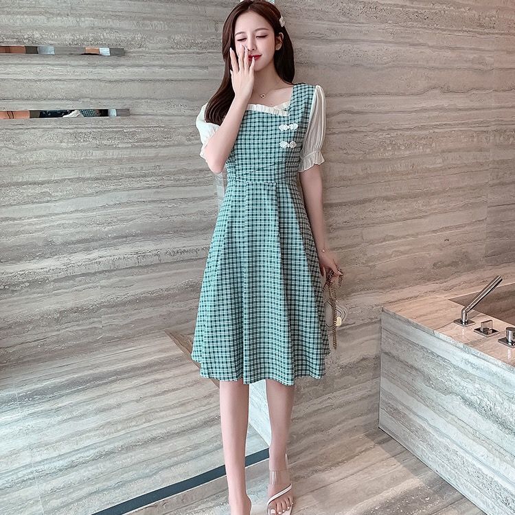 Đầm Nữ Ngắn Tay Cổ Vuông Họa Tiết Caro Thời Trang | BigBuy360 - bigbuy360.vn