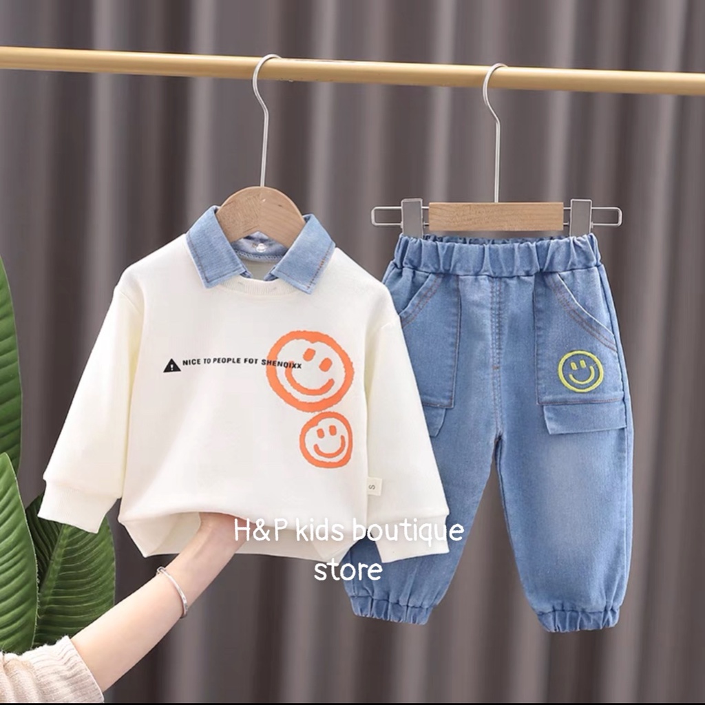 Bộ da cá cổ jean mặt cười bé trai