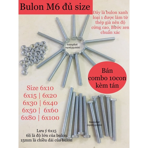 10 bộ bulon+ tán M6|size M6x50/M6x60/M6x80/M6x100/M6x120 mm