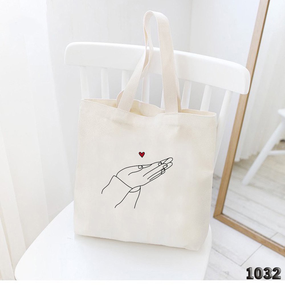 Túi Tote Vải Canvas Trắng Cao Cấp 501 1032 Đôi Bàn Tay Dễ Thương Hàng May Công Ty Chuẩn Đẹp