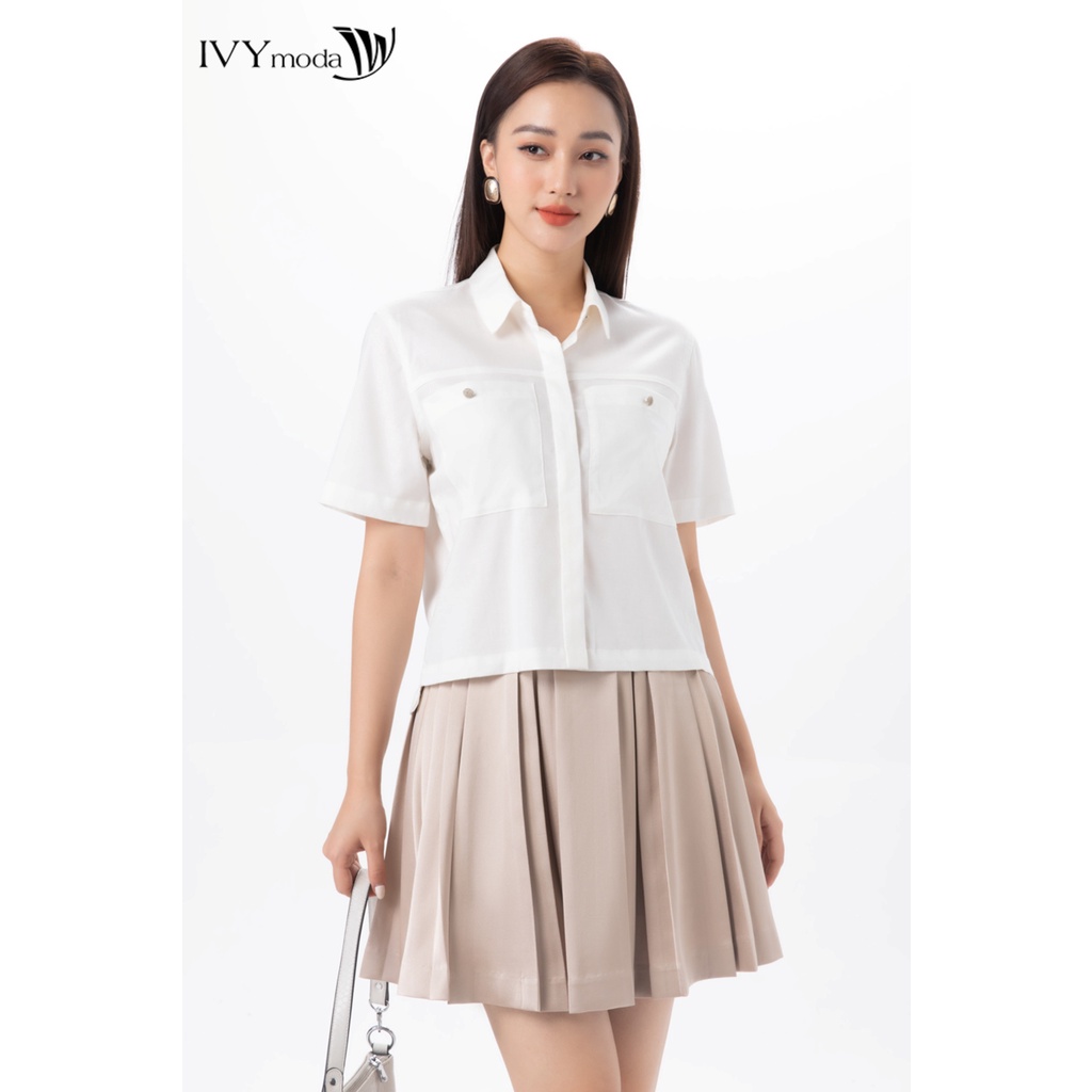 Áo sơ mi croptop phối túi trước nữ IVY moda MS 16B9263