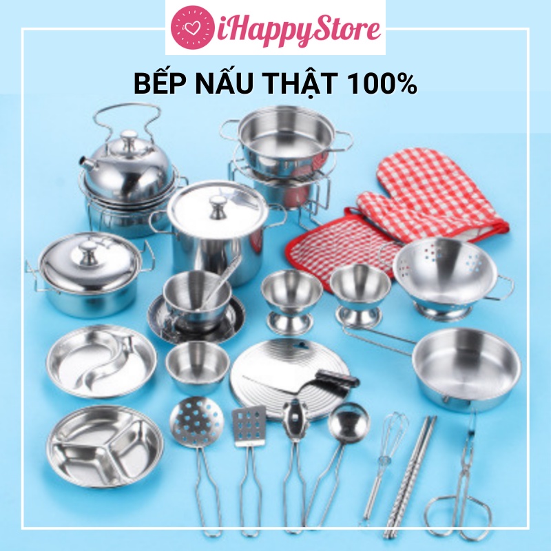 Bộ Đồ Chơi Nấu Ăn THẬT Inox Mini Cho Bé Gái, Bé Trai 30 Chi Tiết