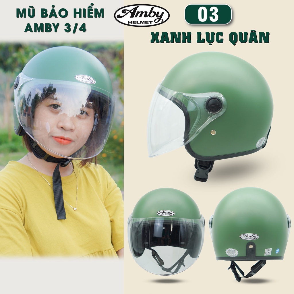 Mũ Bảo Hiểm 3/4 đầu Amby Helmet có kính dài che cả mặt, kiểu dáng thời trang cho nam và nữ - Nhiều màu