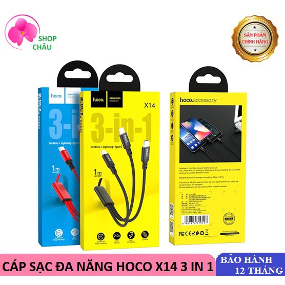 Cáp Sạc Dây Dù 3 Đầu Hoco X14 3 in 1 Dài 1m Chính Hãng - Dây Dù Chống Đứt