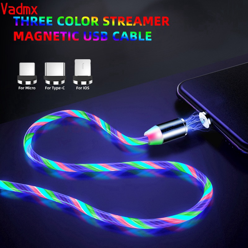 Magnetic Flowing LED Light Cable 2.4A Fast Charging Micro USB Type C Led Cord Type-C USB-C Android Charger For iPhone