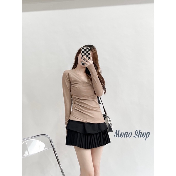 Áo thun tăm cổ đắp nhún eo khuy bên, áo thun tăm gân vạt đắp đính nút bên. Ảnh thật/ sẵn