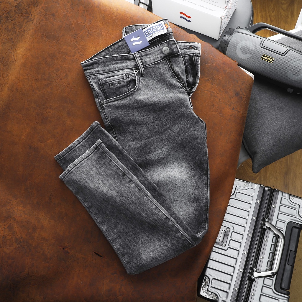 Quần jean nam Satoshi SAQJ34 xám trơn wash basic, form slimfit co giãn trẻ trung