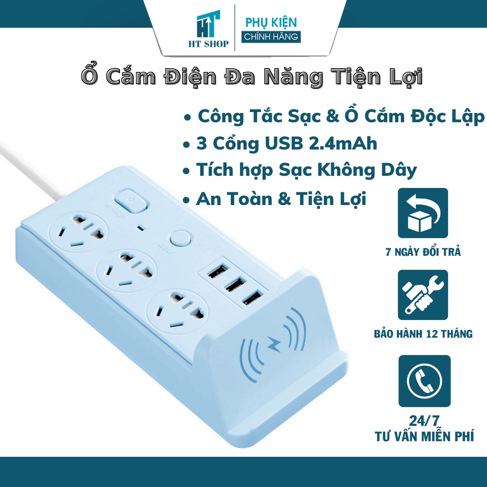 Ổ cắm điện đa năng thông minh có Sạc Không Dây 3 ,Cổng USB Sạc Nhanh, Ổ Chịu Tải 2500W, Tiết Kiệm Điện, Chống Cháy Nổ