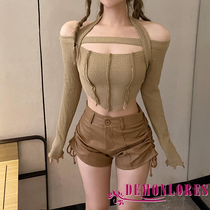 Áo thun hở vai dài tay khoe eo màu trơn quyến rũ thời trang cho nữ